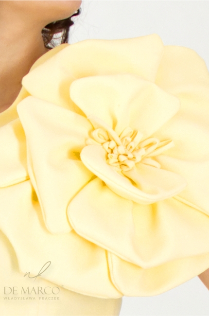 Żółty komplet ze spódnicą idealny na przyjęcie garden party jubileusz rocznicę bankiet. Szycie na miarę De Marco