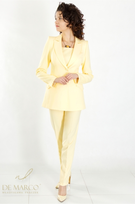 Nowoczesny garnitur damski w odcieniach żółtego. Sklep internetowy De Marco